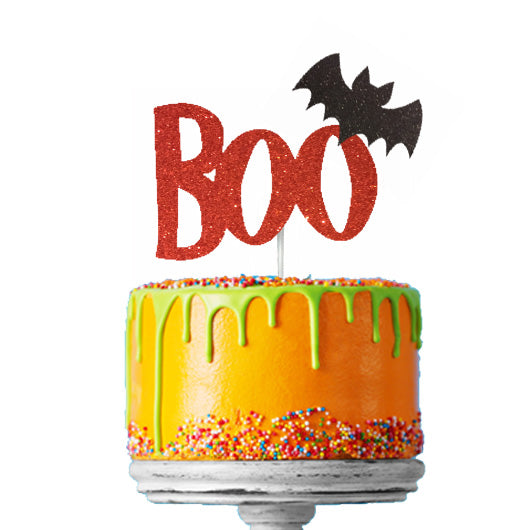 Boo with Bat Halloween Cake Topper Glitter Card Red with Black