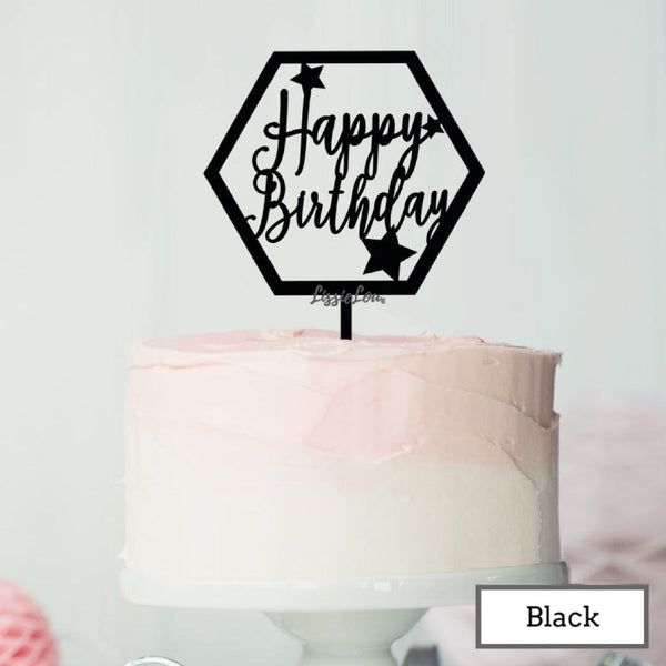 Happy Birthday with Stars Hexagon Cake Topper Premium 3mm Acrylic