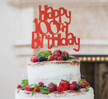 Happy 100th Birthday Cake Topper Glitter Card Red
