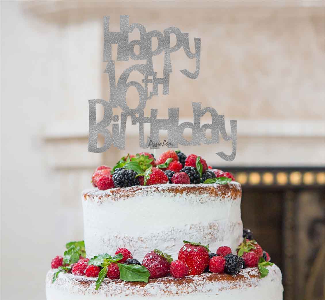 Happy 16th Birthday Cake Topper Glitter Card Glitter Silver