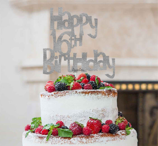 Happy 16th Birthday Cake Topper Glitter Card Glitter Silver