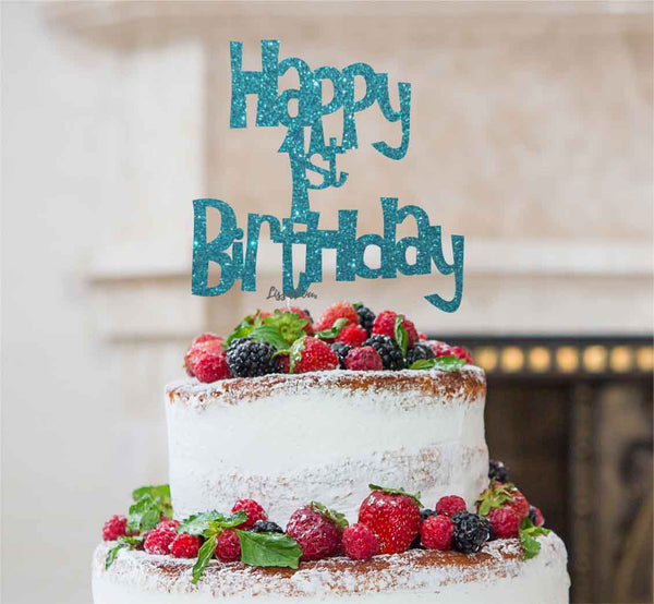 Happy 1st Birthday Cake Topper Glitter Card Light Blue
