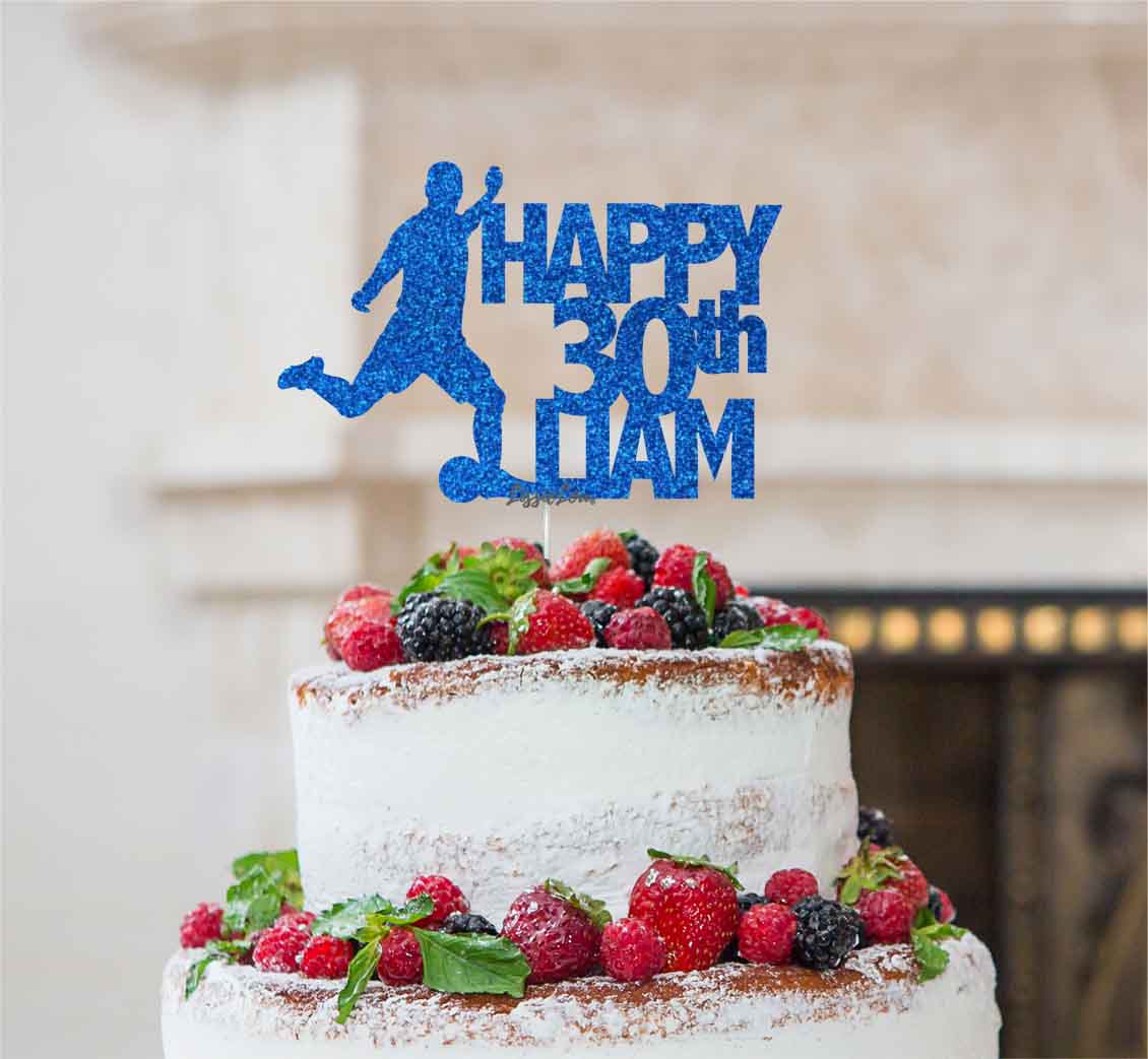Bespoke Football Happy Number and Name Solid Font Cake Topper Dark Blue