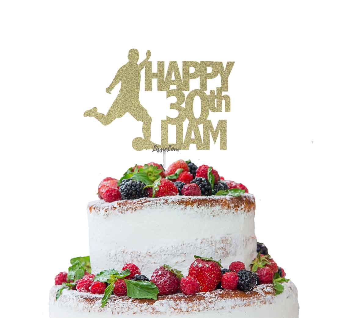 Bespoke Football Happy Number and Name Solid Font Cake Topper Gold 