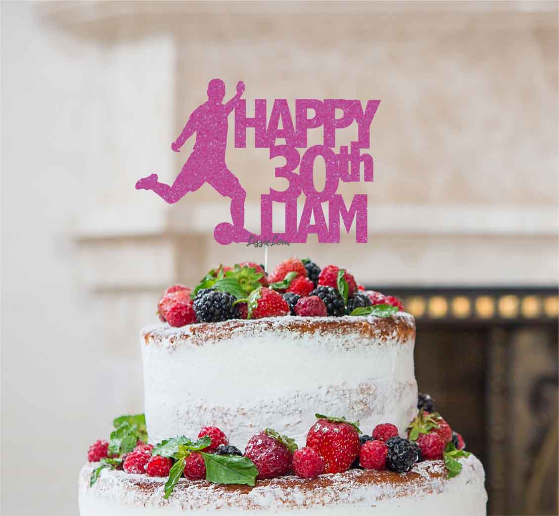Bespoke Football Happy Number and Name Solid Font Cake Topper Hot Pink