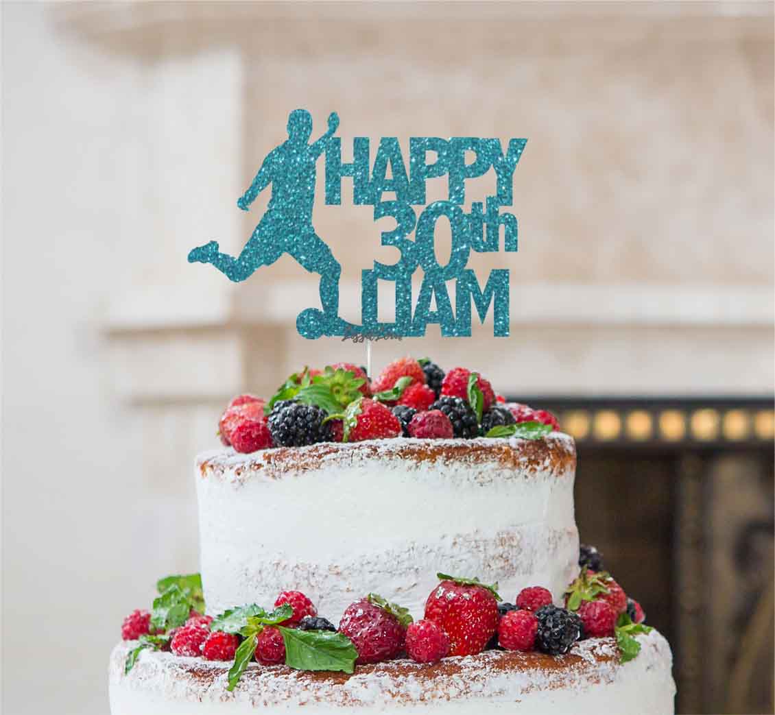 Bespoke Football Happy Number and Name Solid Font Cake Topper Light Blue