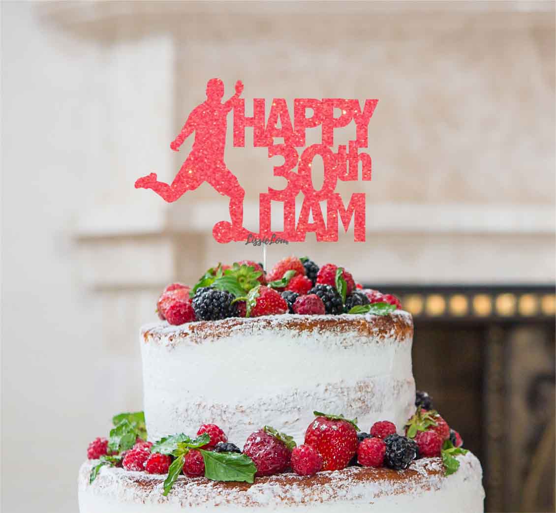 Bespoke Football Happy Number and Name Solid Font Cake Topper Light Pink