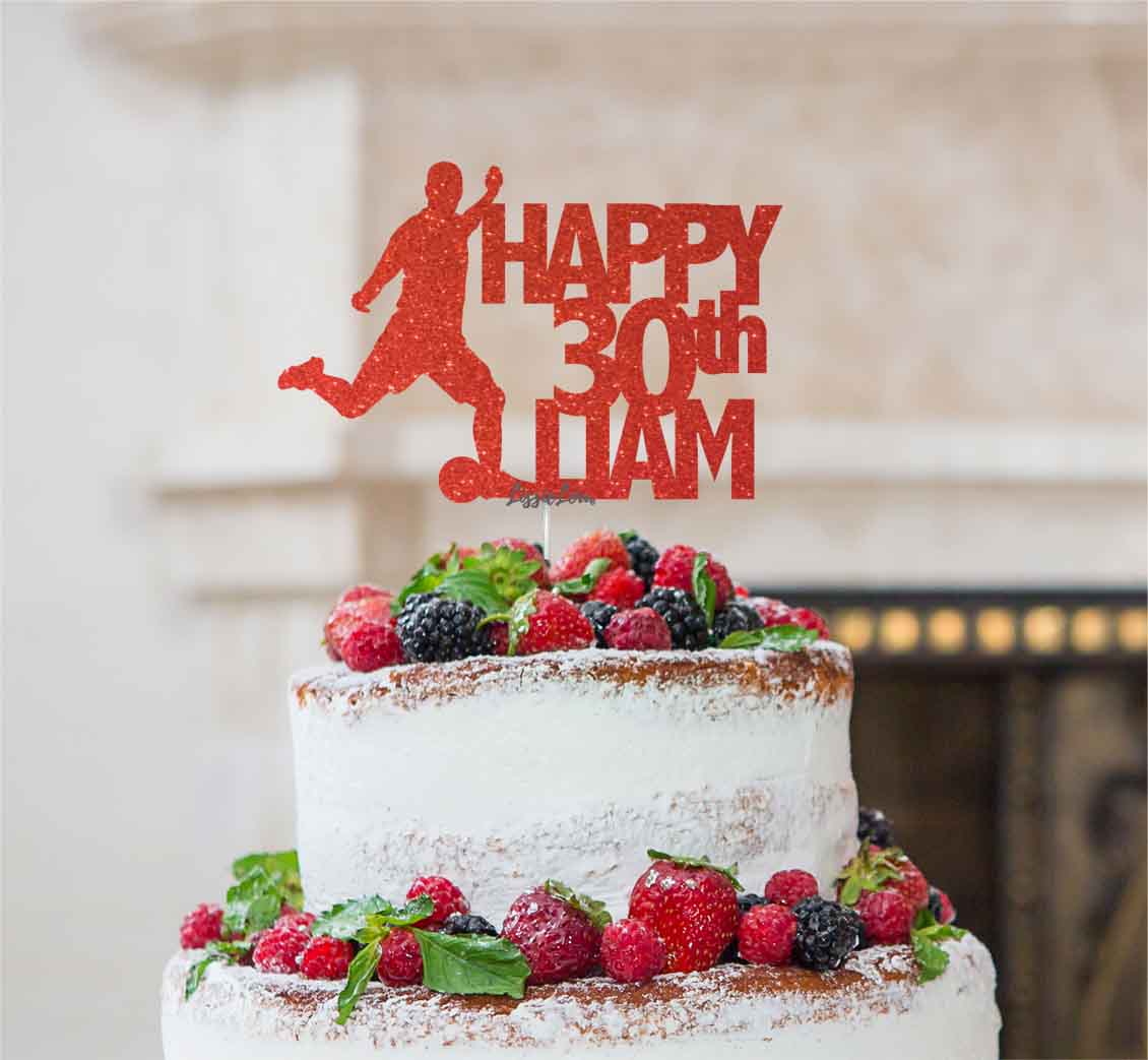 Bespoke Football Happy Number and Name Solid Font Cake Topper Red