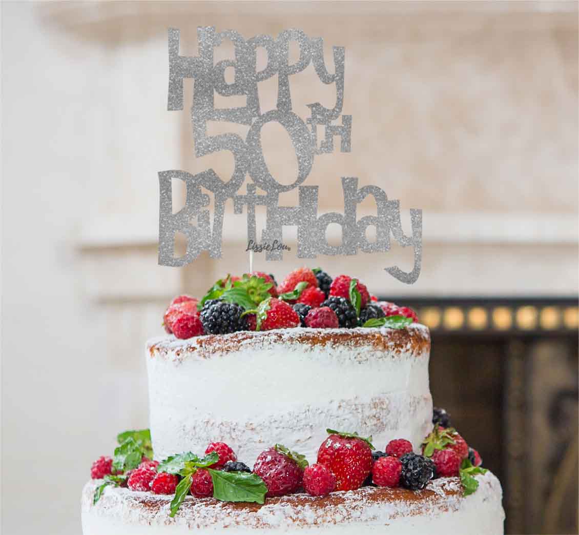 Happy 50th Birthday Cake Topper Glitter Card Silver