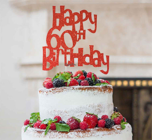 Happy 60th Birthday Cake Topper Glitter Card Red