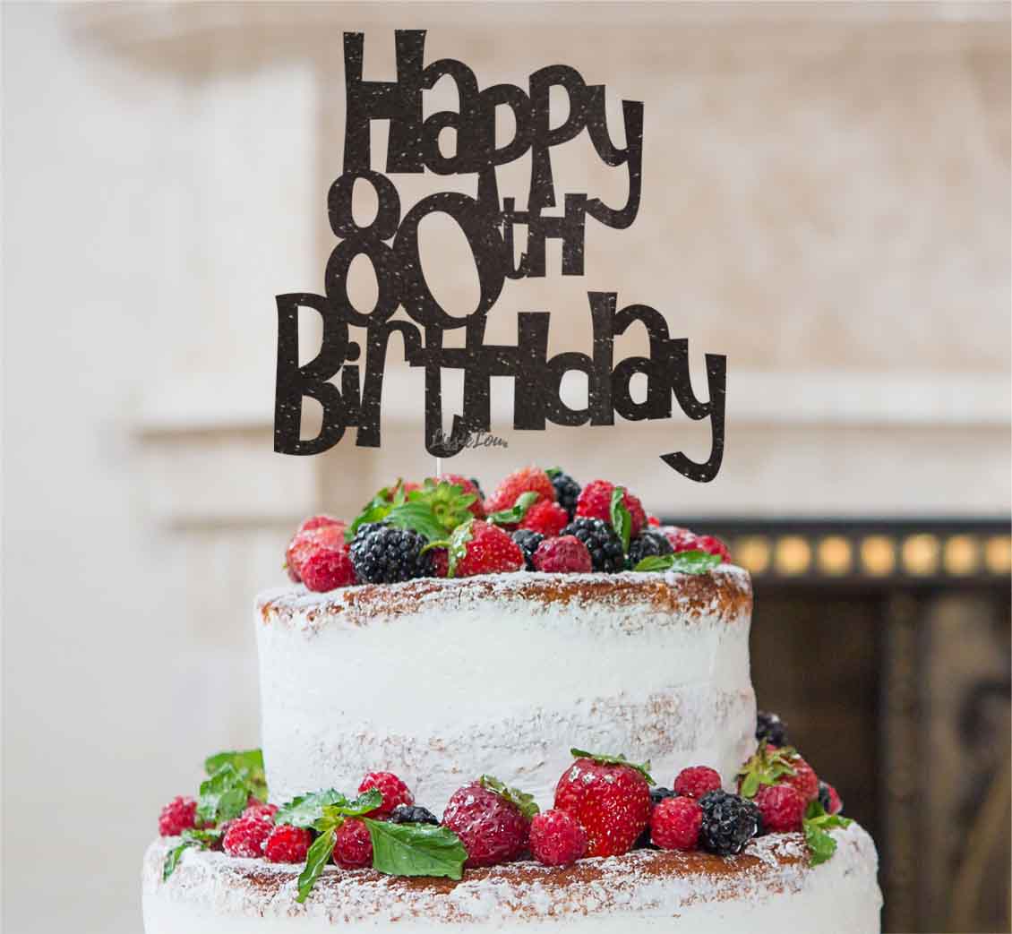 Happy 80th Birthday Cake Topper Glitter Card Black