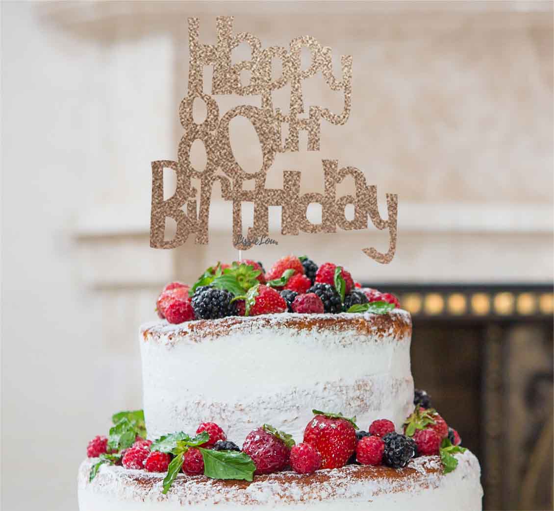 Happy 80th Birthday Cake Topper Glitter Card Rose Gold
