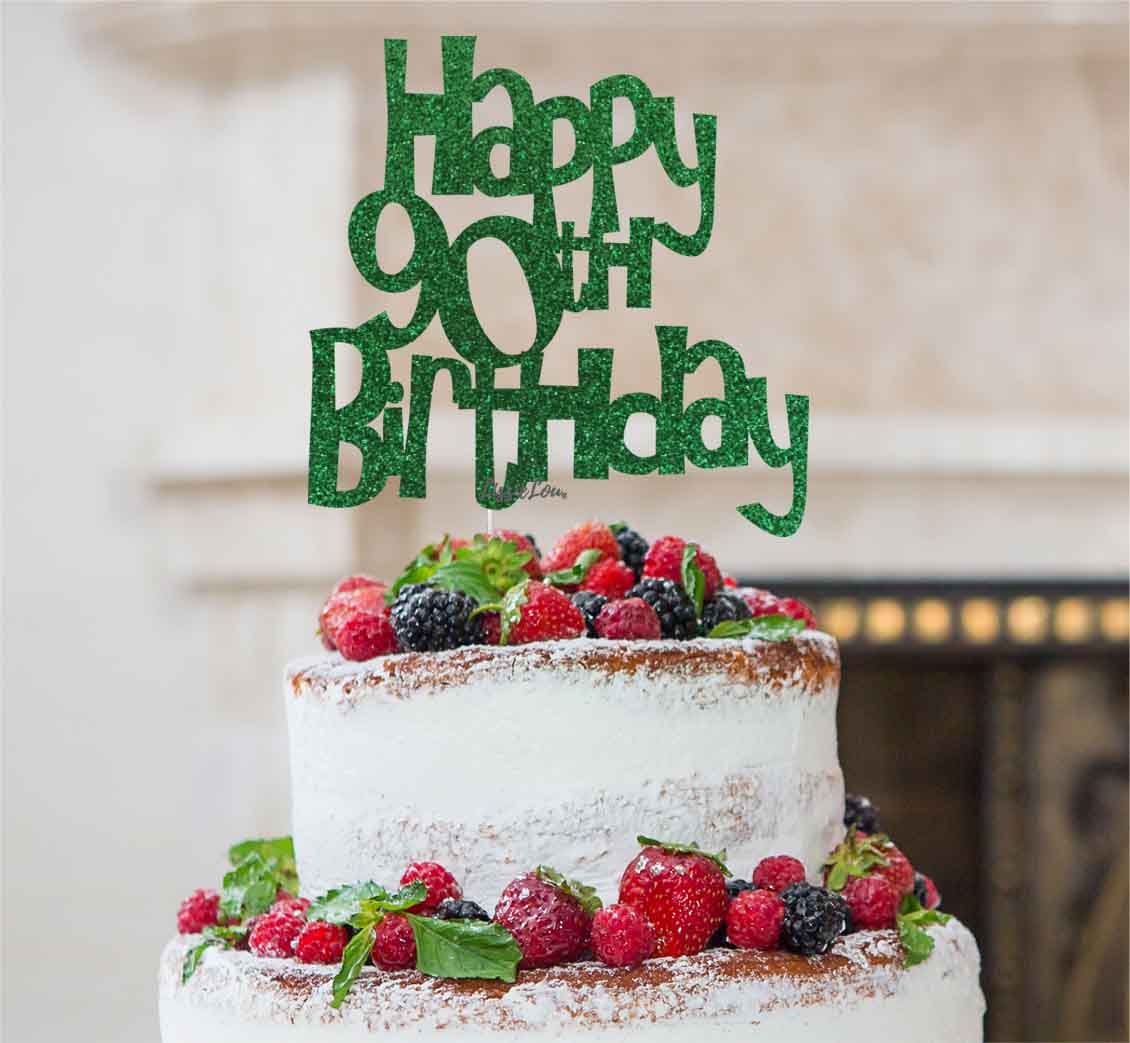 Happy 90th Birthday Cake Topper Glitter Card Green