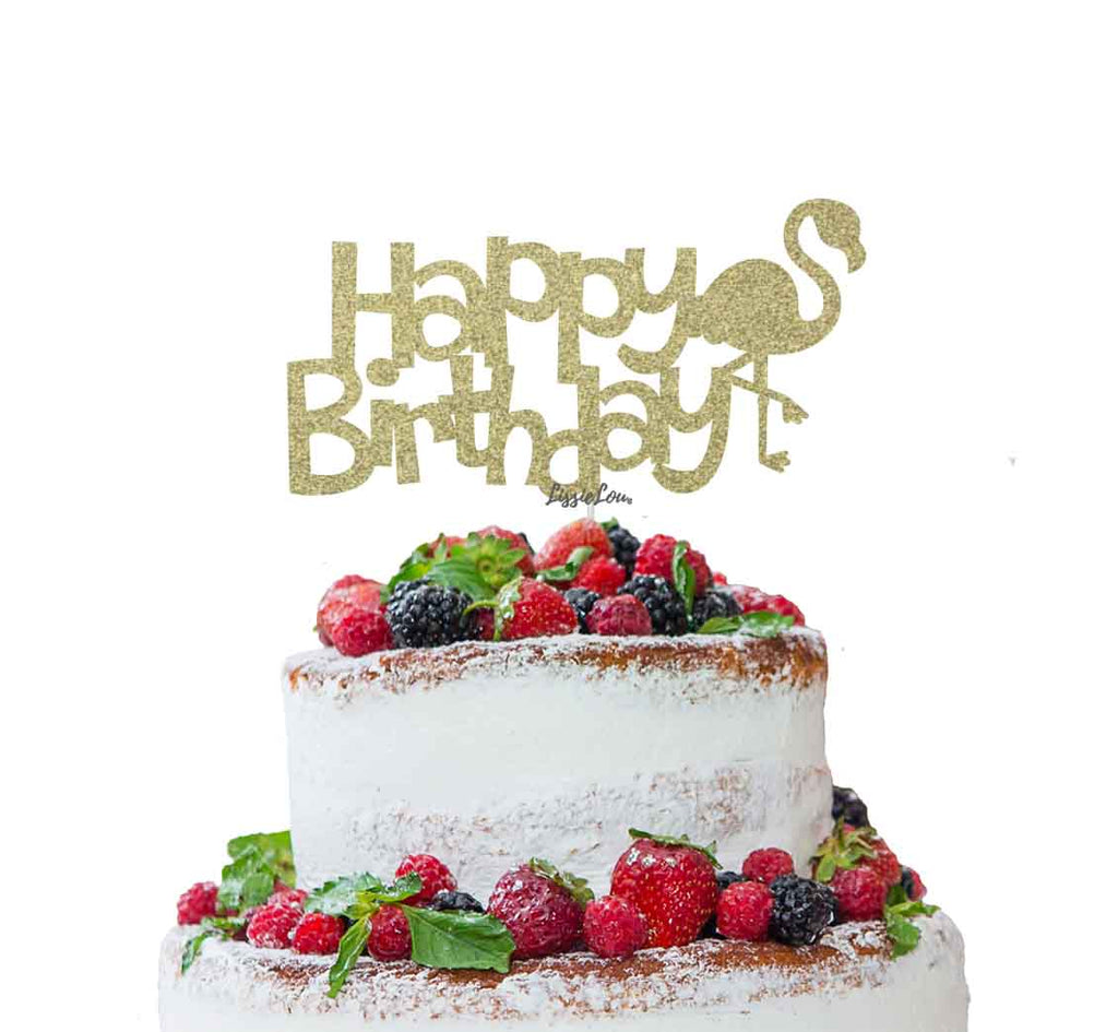 Happy Birthday Flamingo Cake Topper Glitter Card Gold