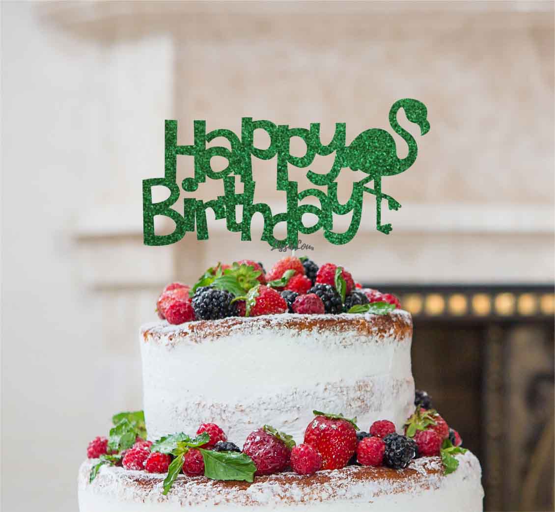 Happy Birthday Flamingo Cake Topper Glitter Card Green