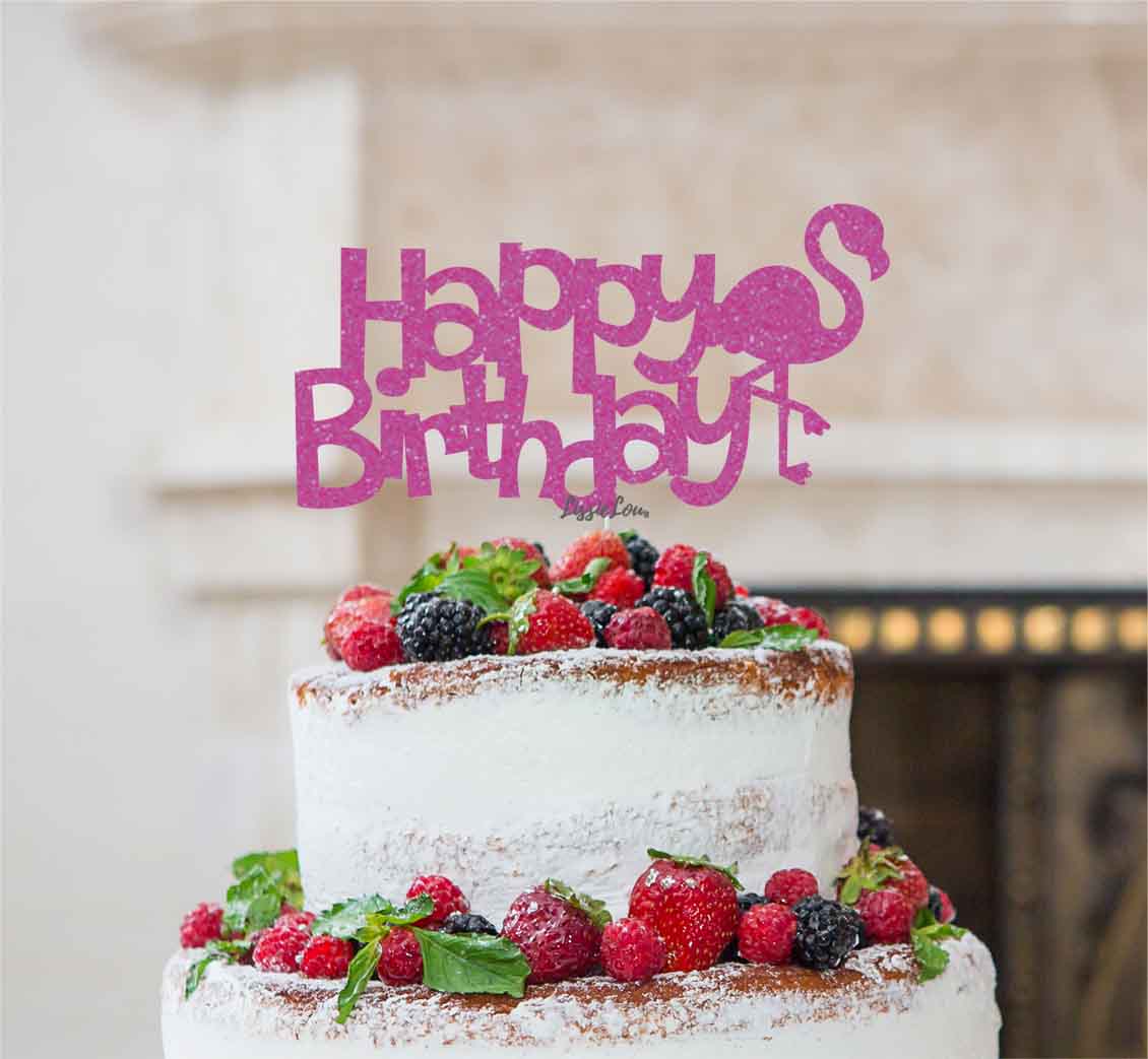 Happy Birthday Flamingo Cake Topper Glitter Card Hot Pink