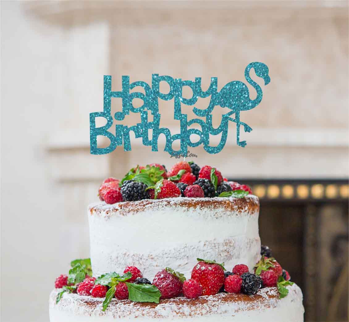 Happy Birthday Flamingo Cake Topper Glitter Card Light Blue