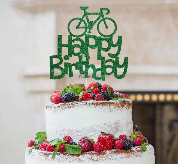 Happy Birthday Bicycle Cake Topper Glitter Card Green