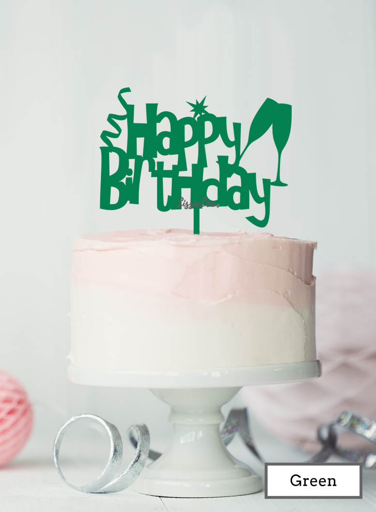 Happy Birthday Fun with Champagne Glasses Cake Topper Premium 3mm Acrylic Green