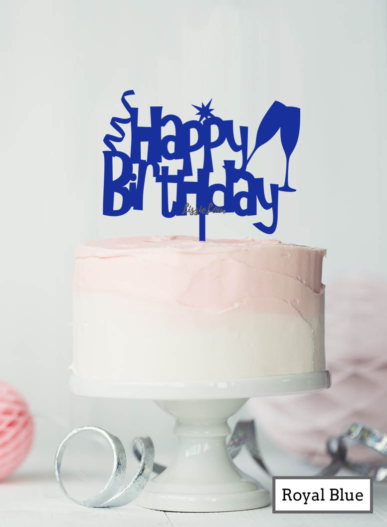 Happy Birthday Fun with Champagne Glasses Cake Topper Premium 3mm Acrylic Royal Blue