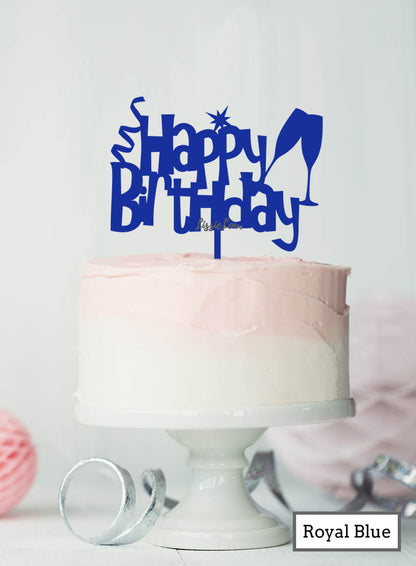 Happy Birthday Fun with Champagne Glasses Cake Topper Premium 3mm Acrylic Royal Blue