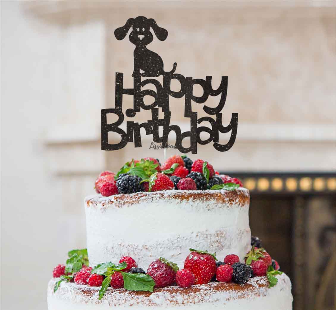 Happy Birthday Dog Cake Topper Glitter Card Black