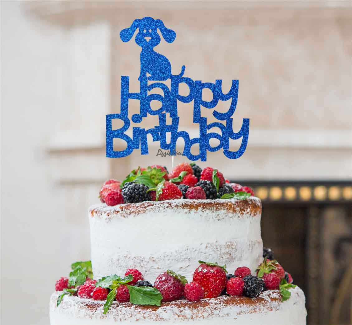 Happy Birthday Dog Cake Topper Glitter Card Dark Blue