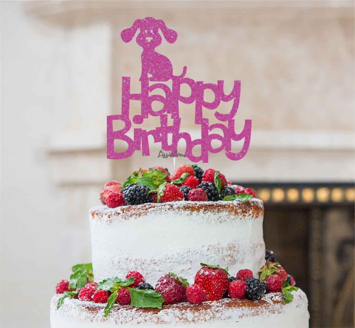 Happy Birthday Dog Cake Topper Glitter Card Hot Pink