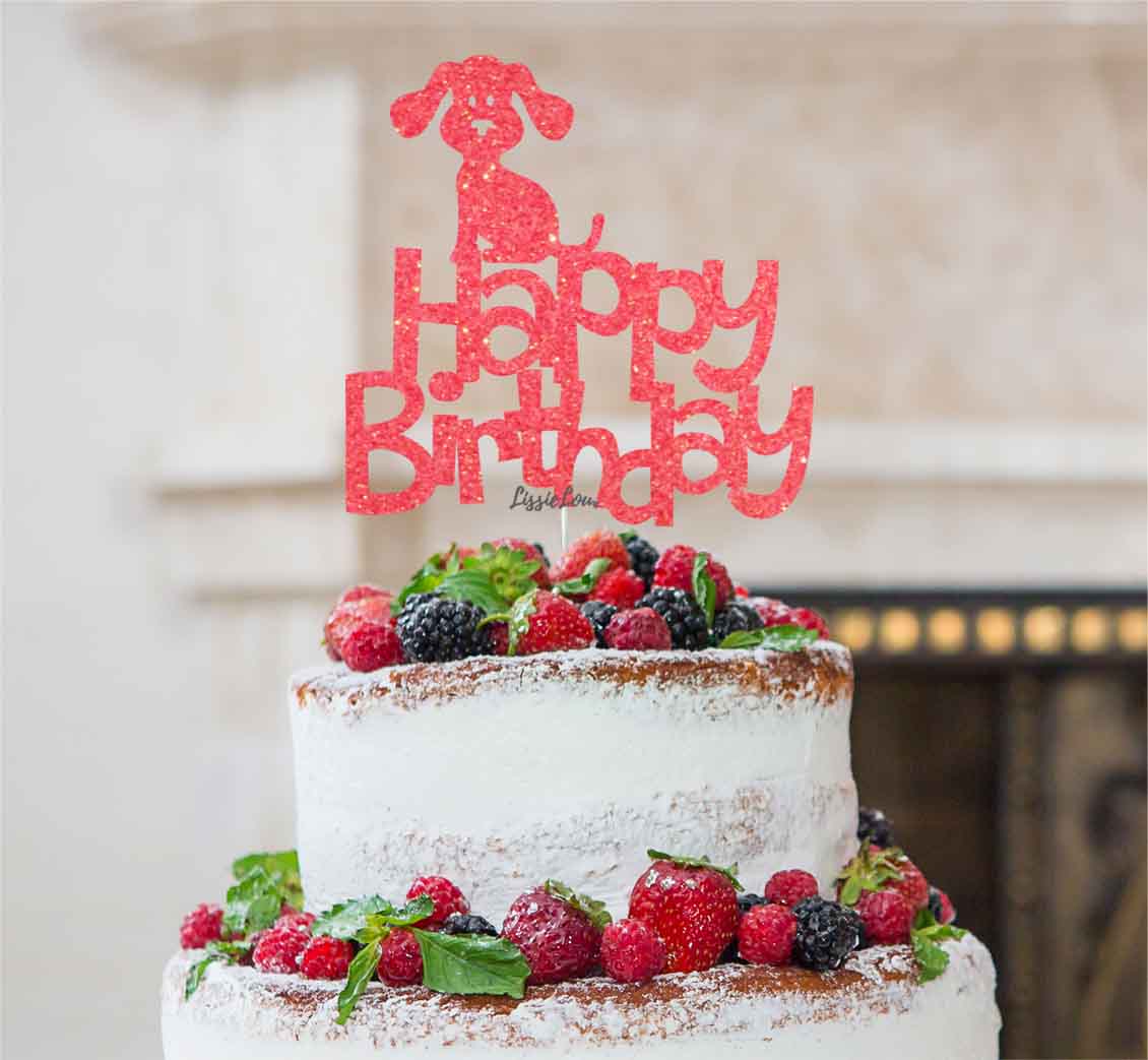 Happy Birthday Dog Cake Topper Glitter Card Light Pink