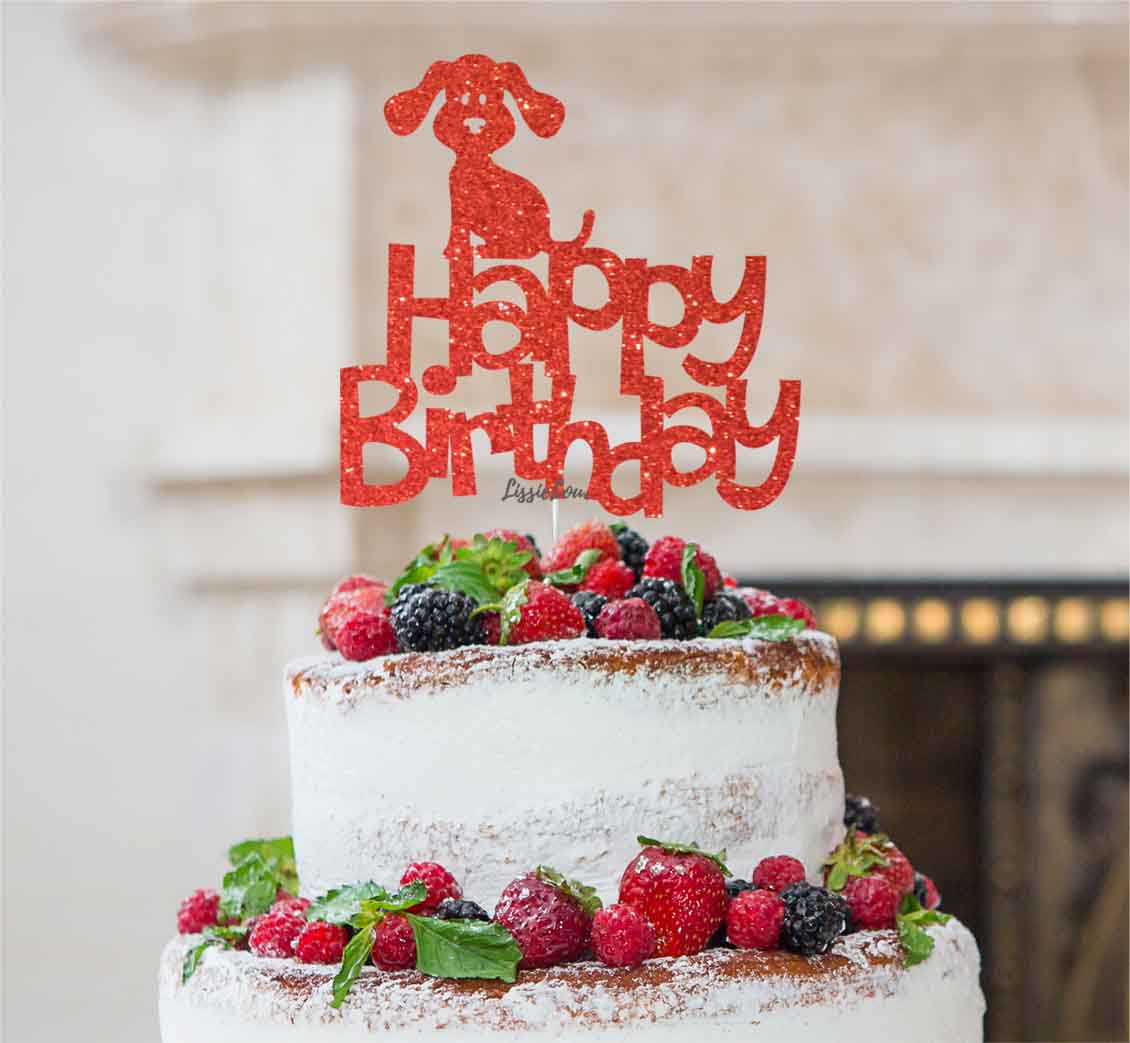 Happy Birthday Dog Cake Topper Glitter Card Red