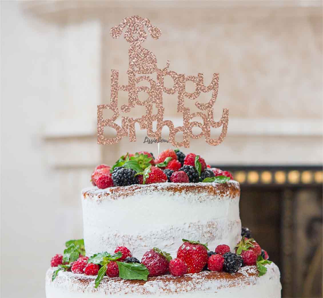 Happy Birthday Dog Cake Topper Glitter Card Rose Gold