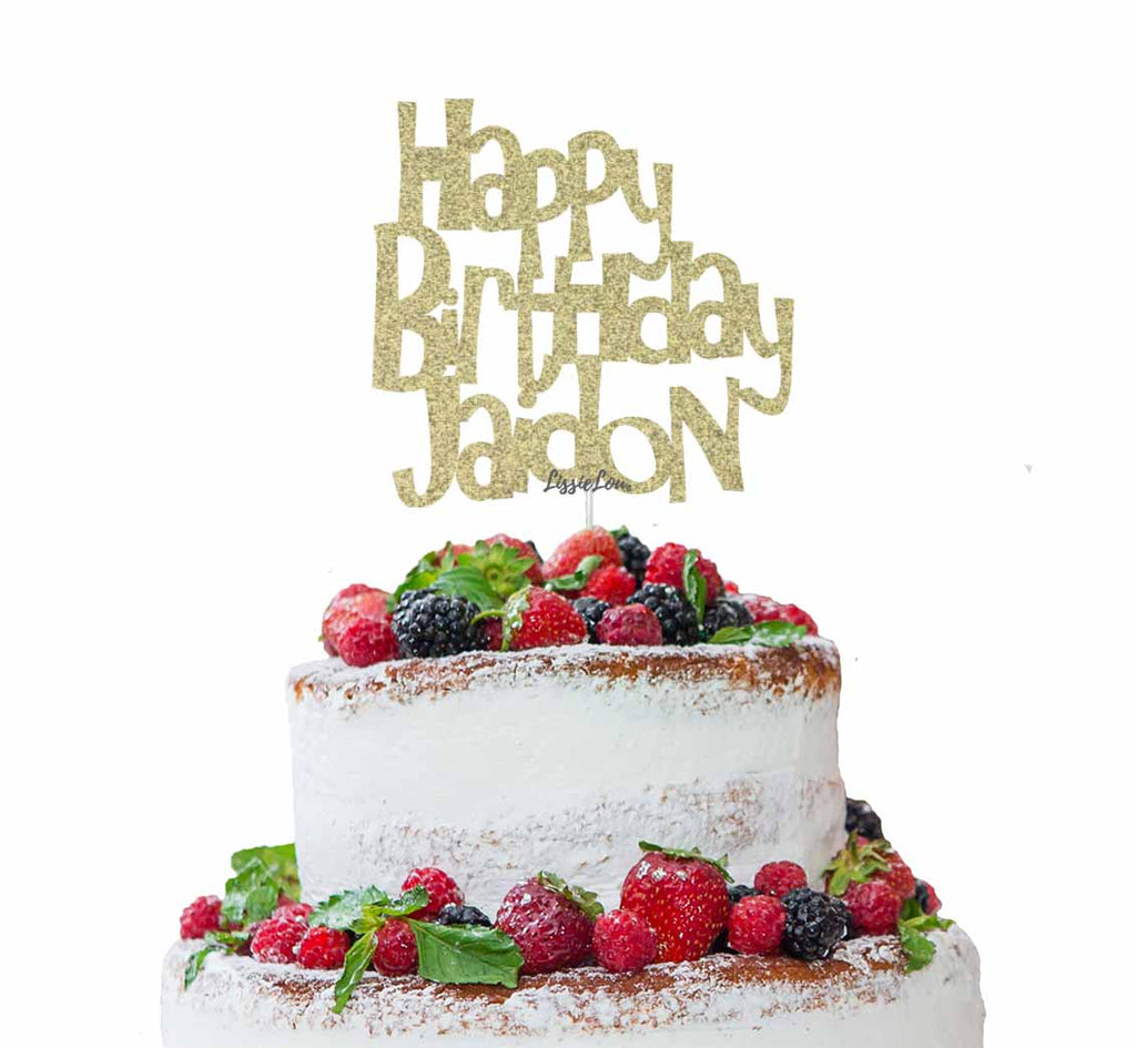 Bespoke Happy Birthday Name Fun Font Cake Topper Gold 