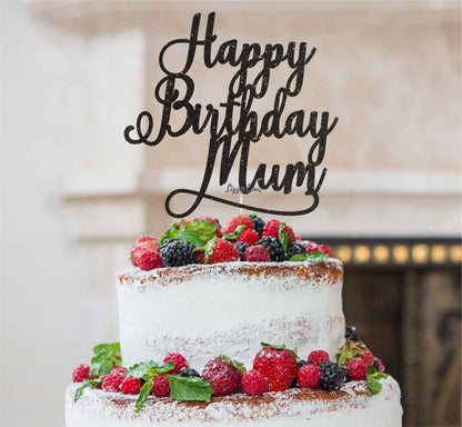 Happy Birthday Mum Cake Topper Glitter Card Black