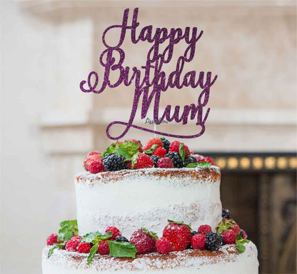 Happy Birthday Mum Cake Topper Glitter Card Dark Purple