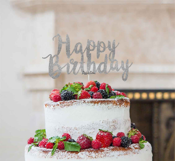 Happy Birthday Swirly Cake Topper Glitter Card Silver