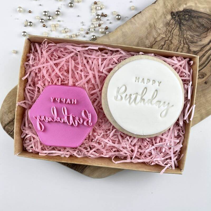 Swirls and Curls Happy Birthday in Two Font Cookie Stamp