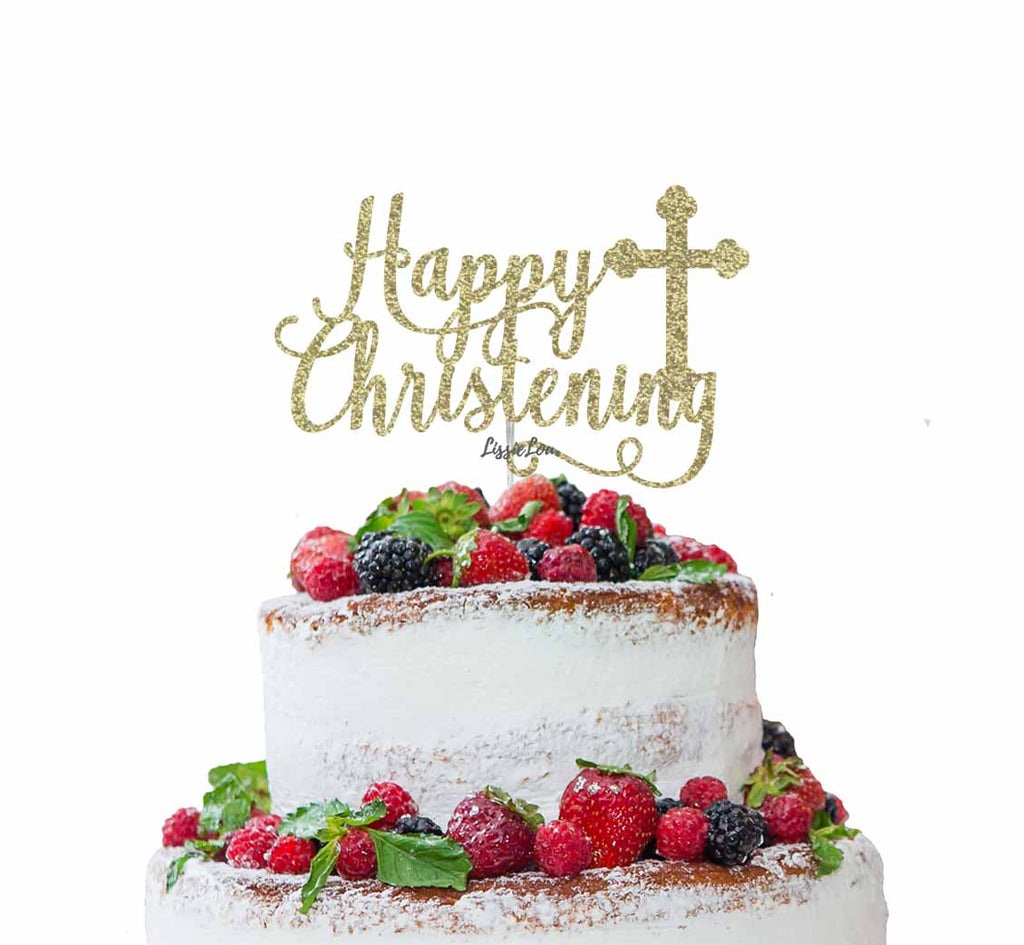 Happy Christening with Cross Cake Topper Glitter Card Gold