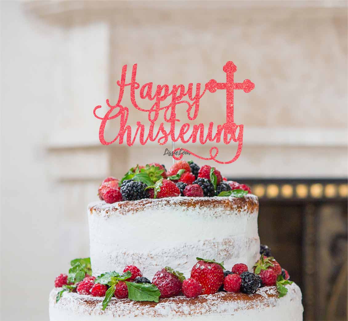 Happy Christening with Cross Cake Topper Glitter Card Light Pink