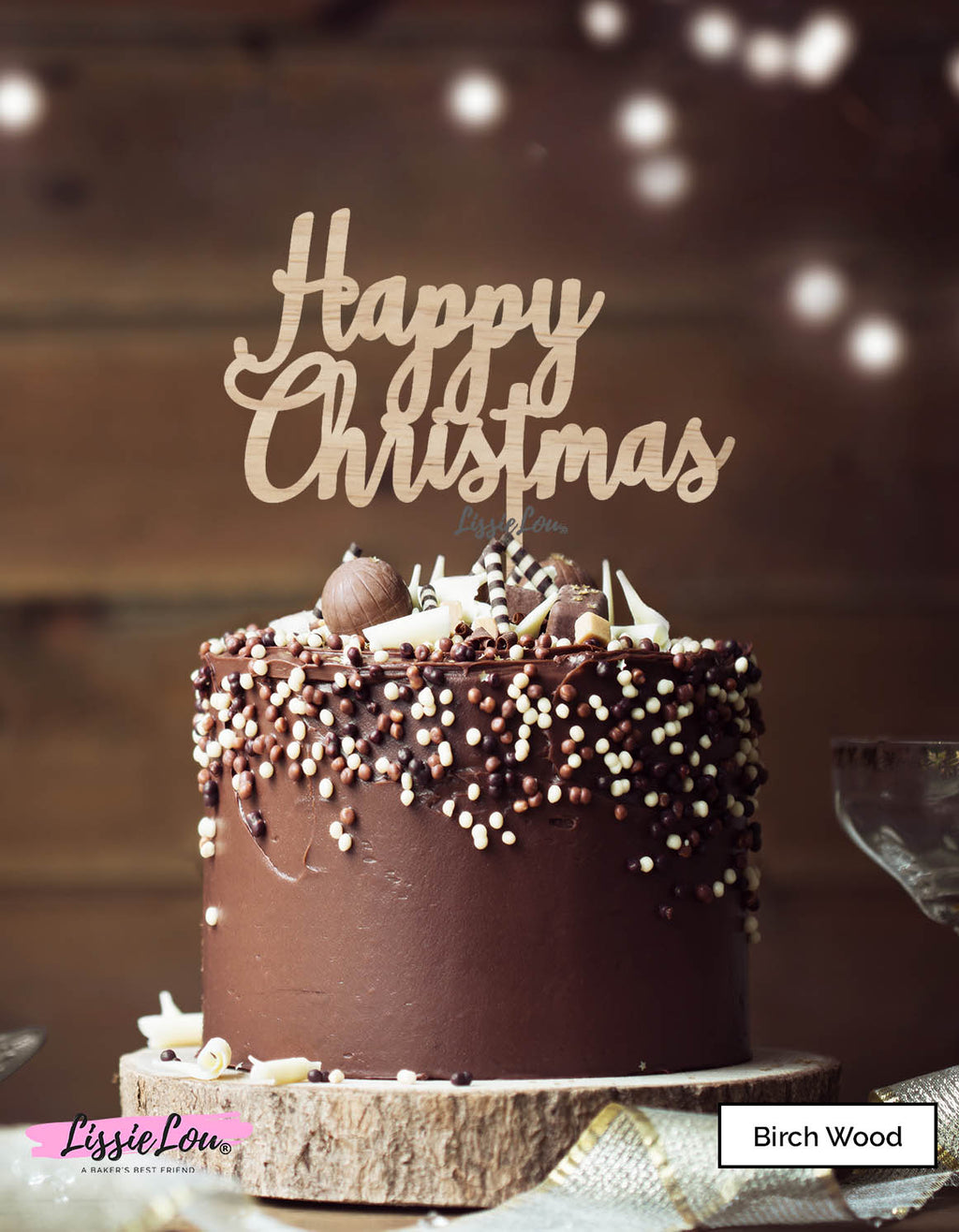 Happy Christmas Pretty Cake Topper Premium 3mm Birch Wood