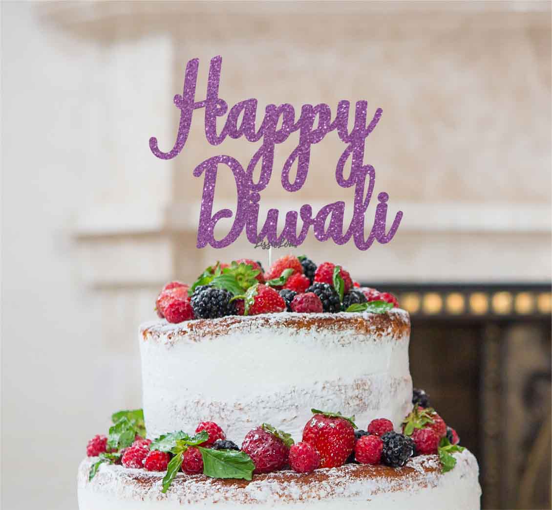 Happy Diwali Cake Topper Glitter Card Light Purple