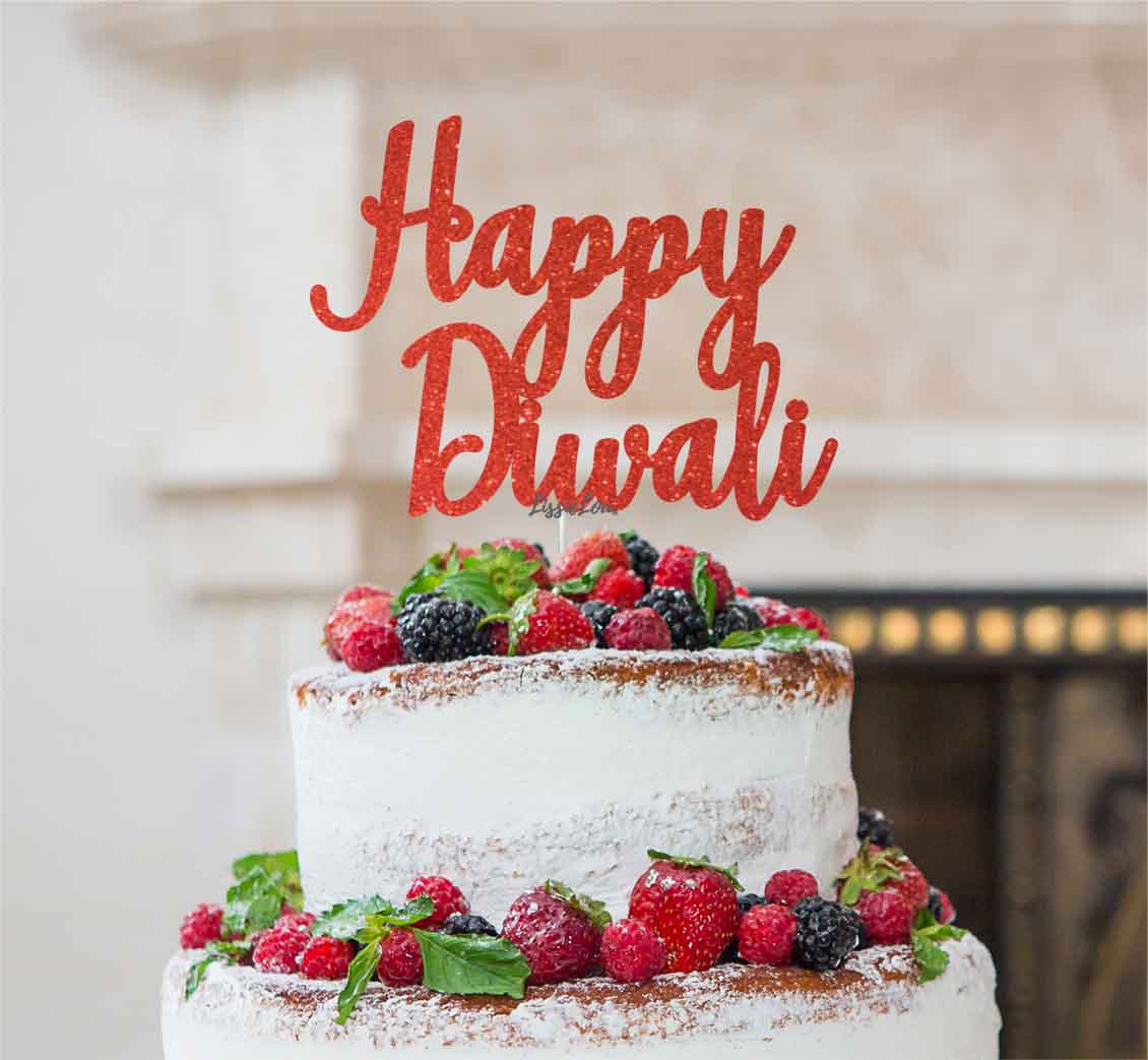 Happy Diwali Cake Topper Glitter Card Red