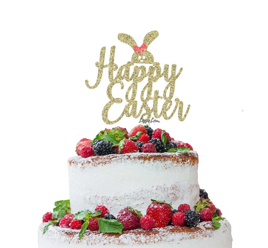 Happy Easter with Cute Bunny Cake Topper Glitter Card Gold