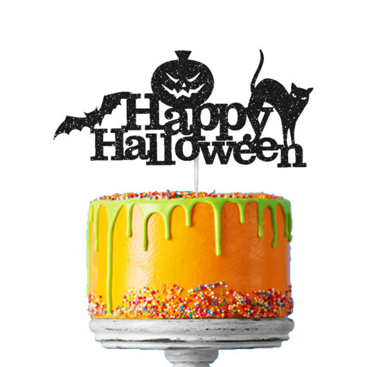 Happy Halloween - Cat, Bat and Pumpkin Cake Topper Glitter Card Black