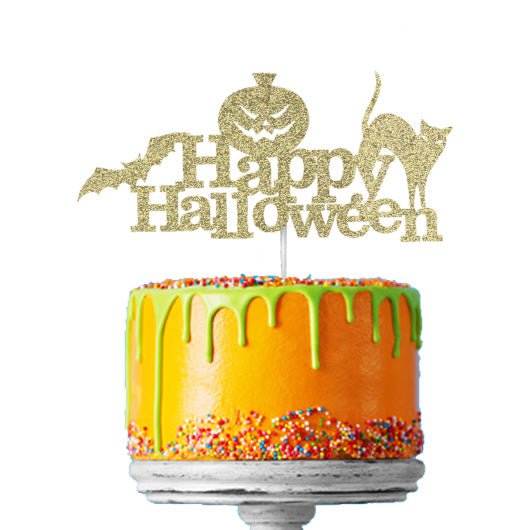 Happy Halloween - Cat, Bat and Pumpkin Cake Topper Glitter Card Gold 