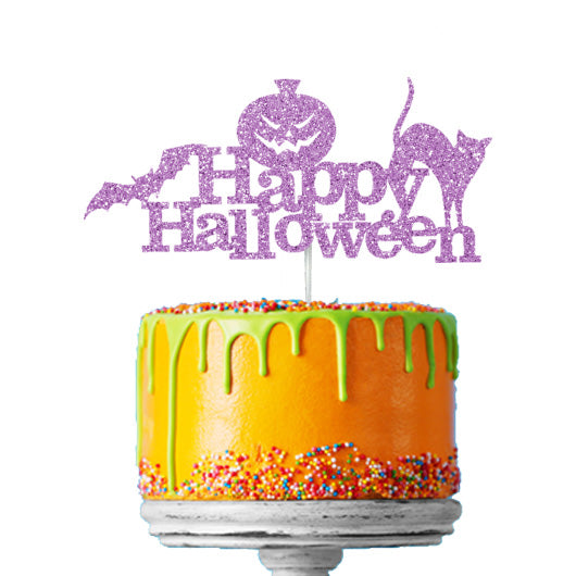 Happy Halloween - Cat, Bat and Pumpkin Cake Topper Glitter Card Light Purple