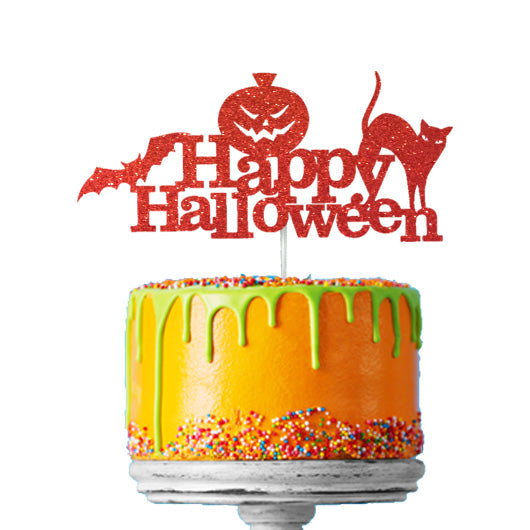 Happy Halloween - Cat, Bat and Pumpkin Cake Topper Glitter Card Red