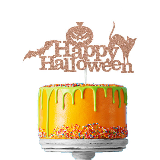 Happy Halloween - Cat, Bat and Pumpkin Cake Topper Glitter Card Rose Gold