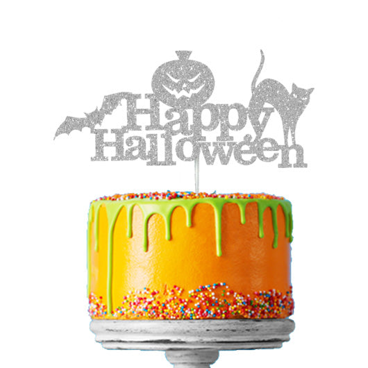 Happy Halloween - Cat, Bat and Pumpkin Cake Topper Glitter Card Silver
