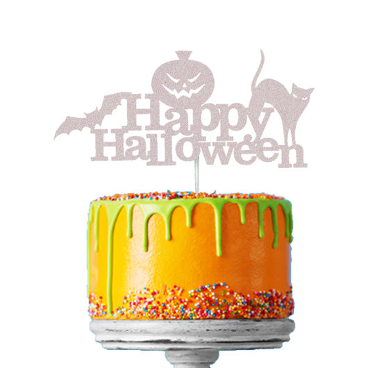 Happy Halloween - Cat, Bat and Pumpkin Cake Topper Glitter Card White