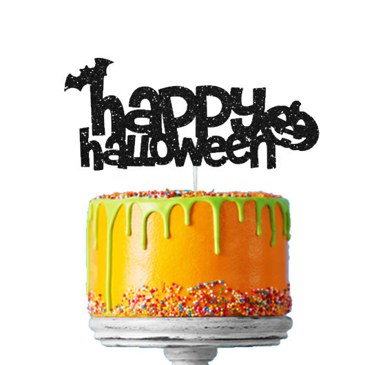 Happy Halloween - Pumpkin and Bat Cake Topper Glitter Card Black